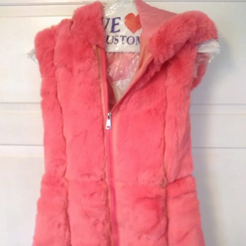Vintage Austin Powers J&X Pink Long Shawl Faux Fur Hooded Sleeveless Jacket - Picture 1 of 9